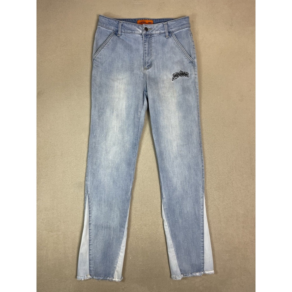 Loiter Jeans Mens 30 Blue Mid Rise Embroidered Logo Raw Hem Relaxed‎ Fit Denim